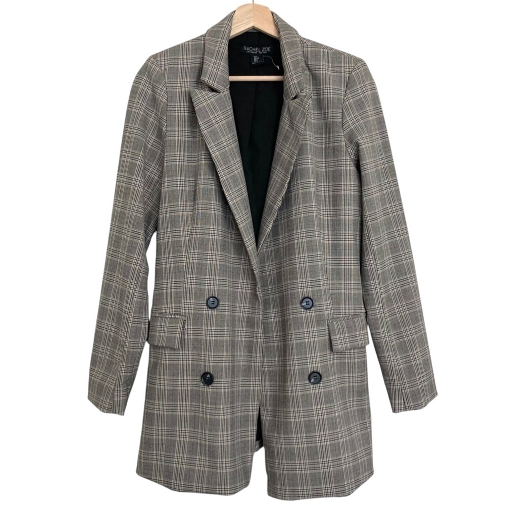 RACHEL ZOE Double Breasted Glen Plaid Open Front Longline Blazer Jacket
